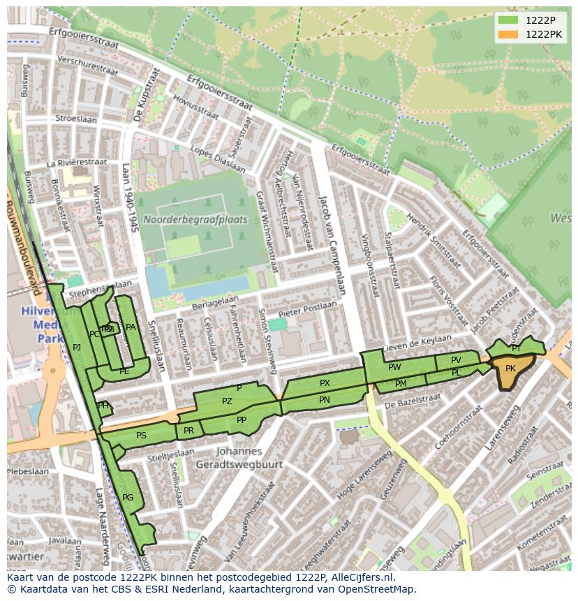 Afbeelding van het postcodegebied 1222 PK op de kaart.