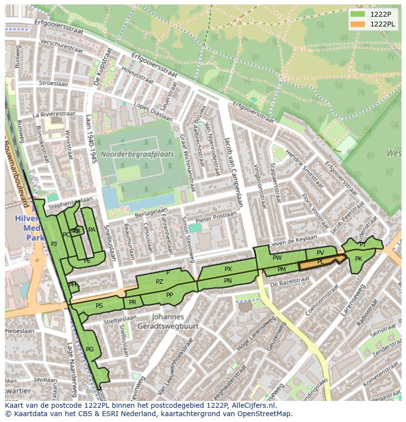 Afbeelding van het postcodegebied 1222 PL op de kaart.