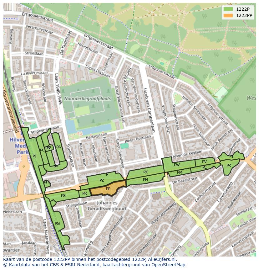 Afbeelding van het postcodegebied 1222 PP op de kaart.