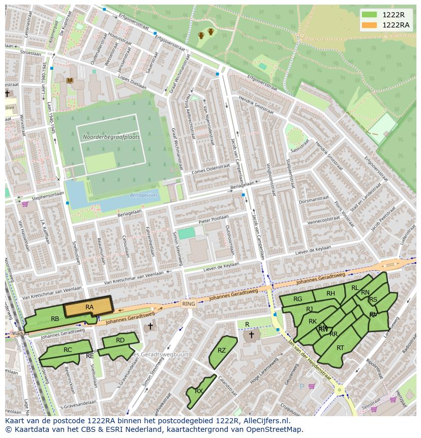 Afbeelding van het postcodegebied 1222 RA op de kaart.