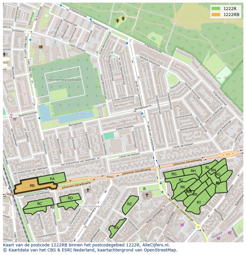 Afbeelding van het postcodegebied 1222 RB op de kaart.