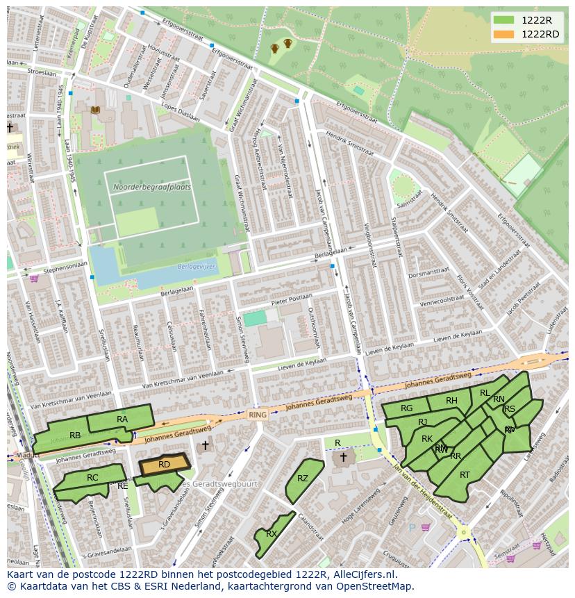 Afbeelding van het postcodegebied 1222 RD op de kaart.