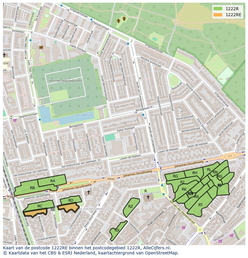 Afbeelding van het postcodegebied 1222 RE op de kaart.