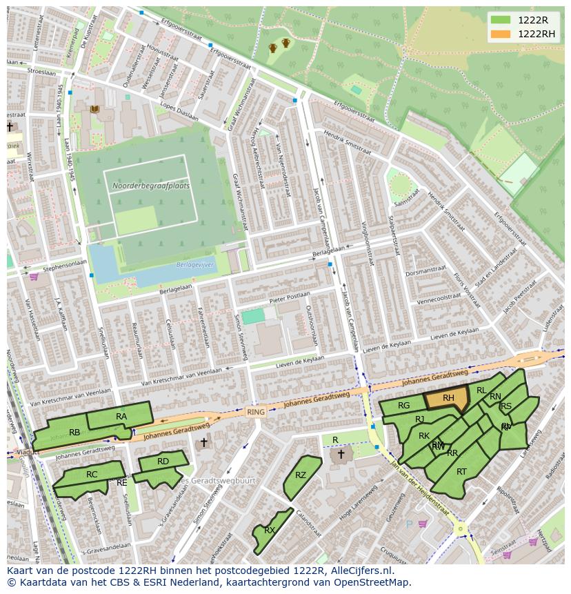 Afbeelding van het postcodegebied 1222 RH op de kaart.