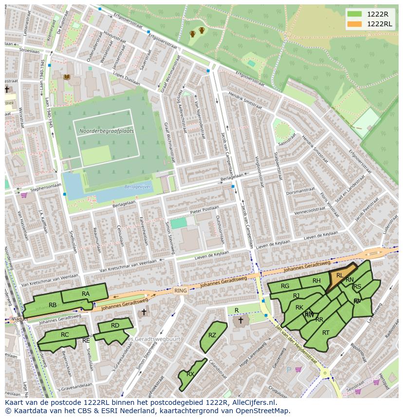 Afbeelding van het postcodegebied 1222 RL op de kaart.