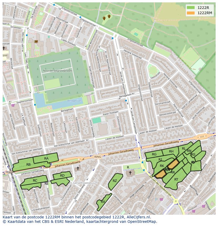 Afbeelding van het postcodegebied 1222 RM op de kaart.