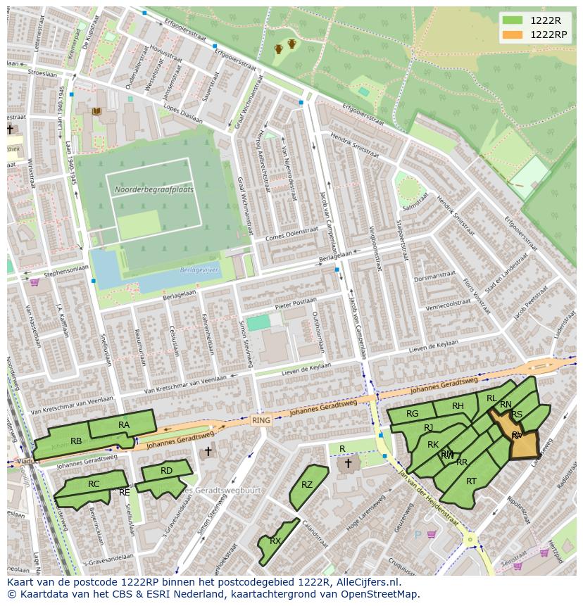 Afbeelding van het postcodegebied 1222 RP op de kaart.