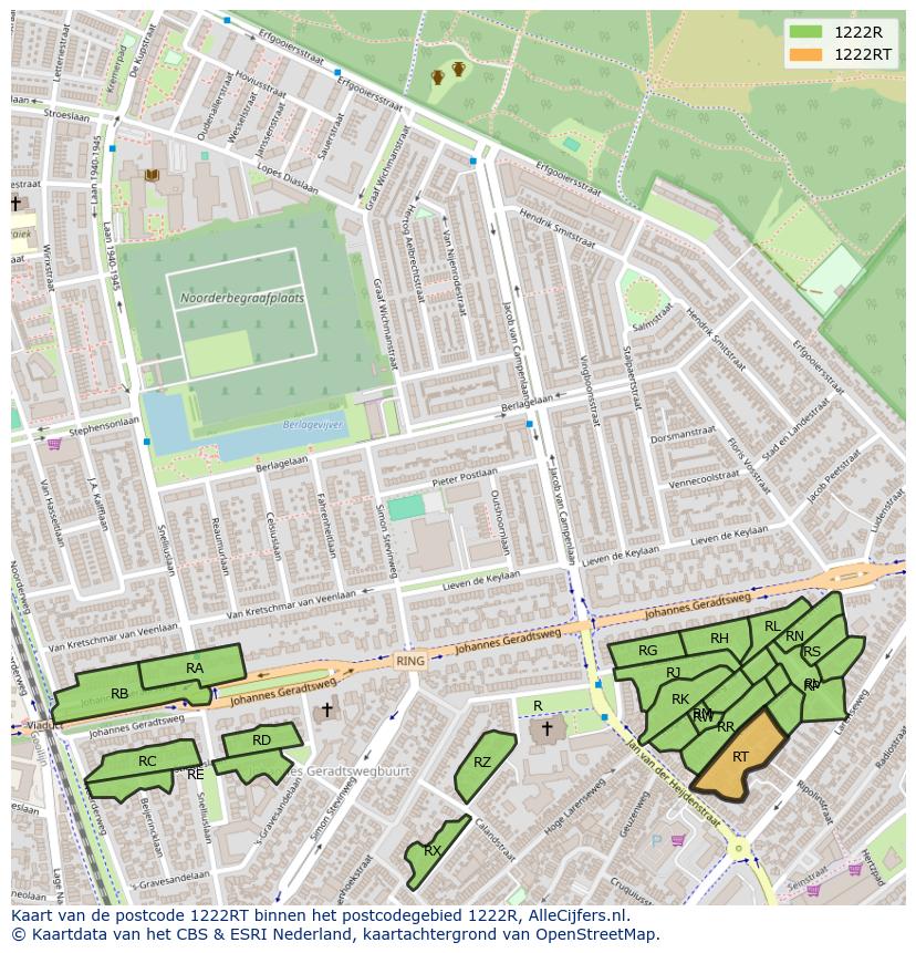 Afbeelding van het postcodegebied 1222 RT op de kaart.
