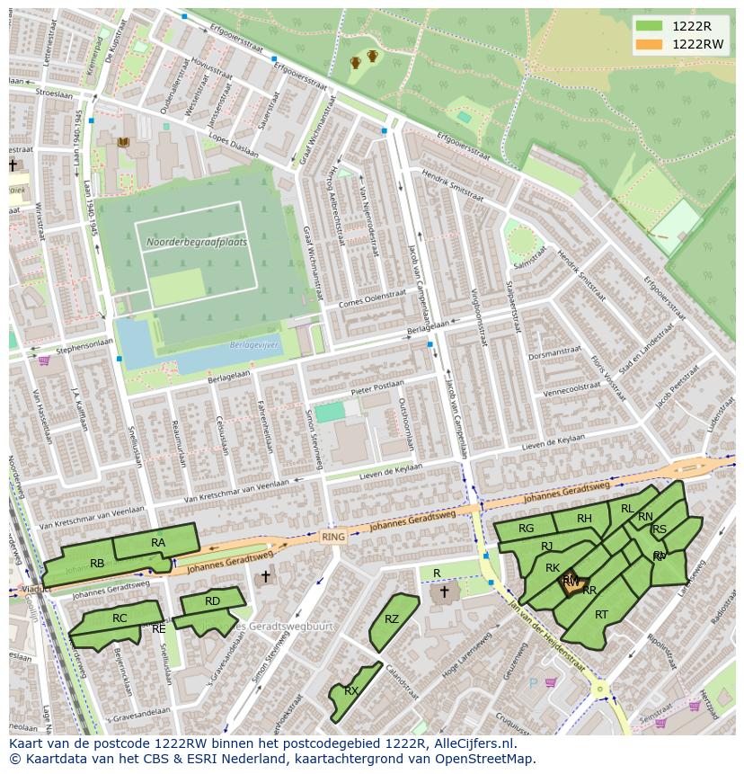 Afbeelding van het postcodegebied 1222 RW op de kaart.