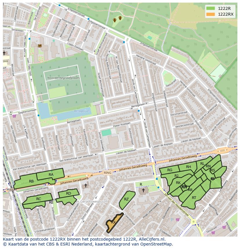 Afbeelding van het postcodegebied 1222 RX op de kaart.