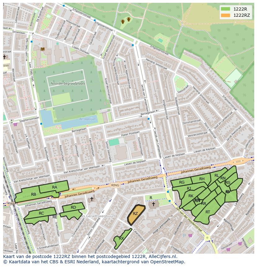 Afbeelding van het postcodegebied 1222 RZ op de kaart.
