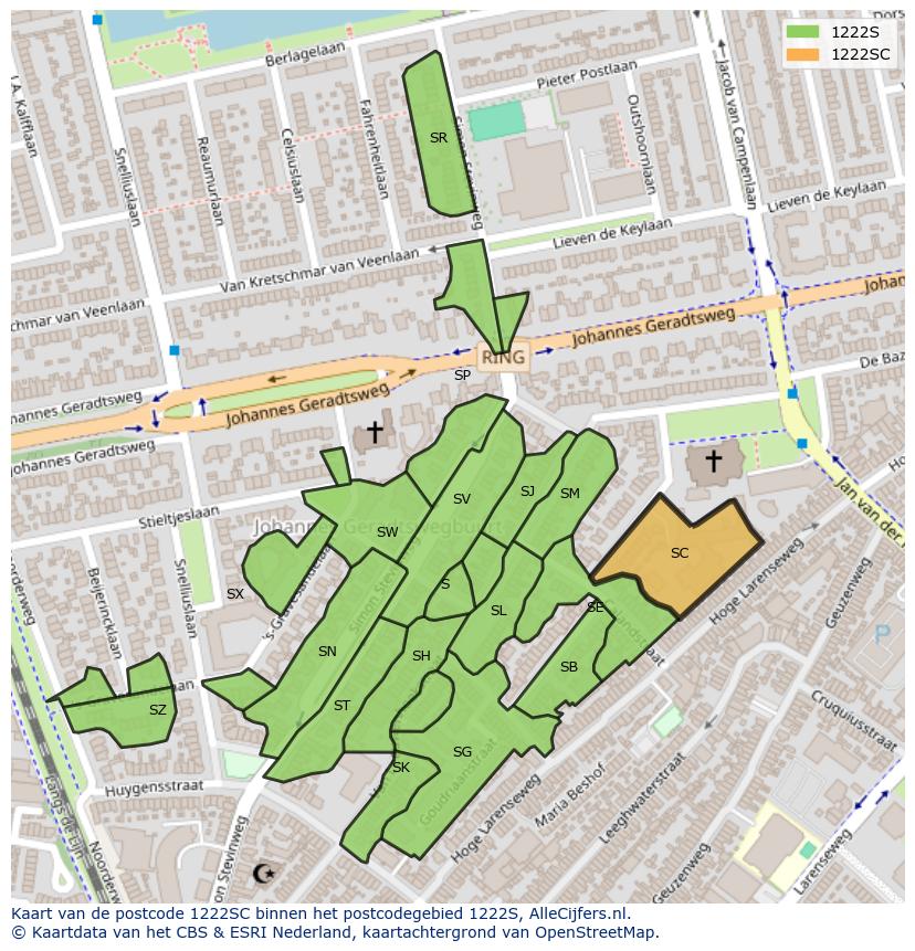 Afbeelding van het postcodegebied 1222 SC op de kaart.