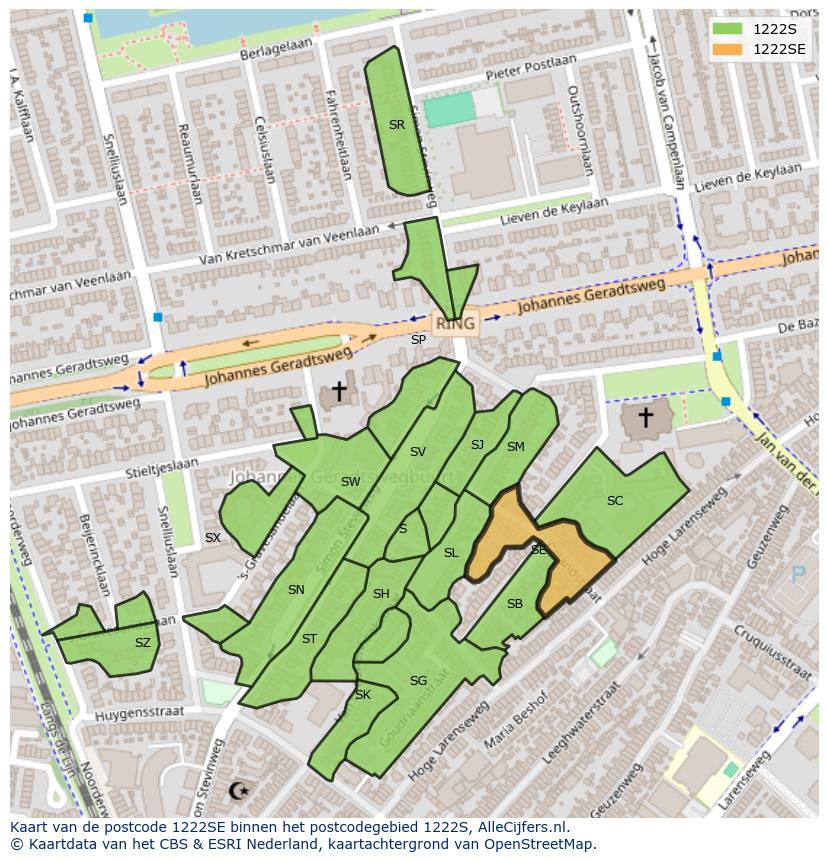Afbeelding van het postcodegebied 1222 SE op de kaart.