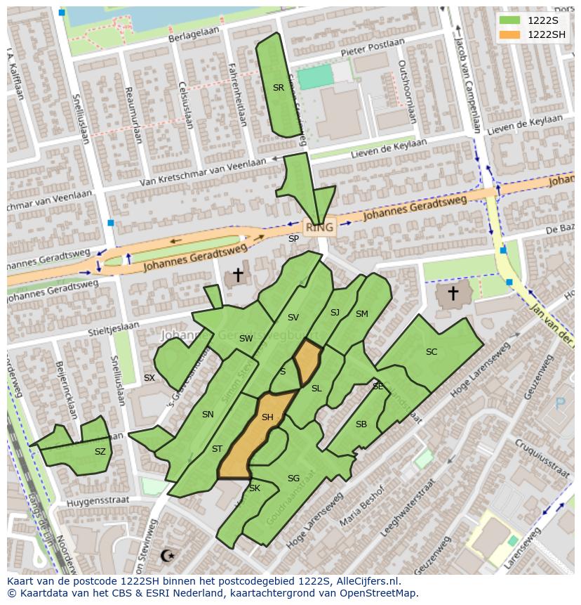 Afbeelding van het postcodegebied 1222 SH op de kaart.