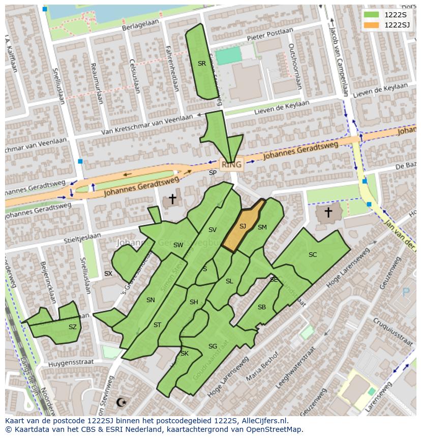 Afbeelding van het postcodegebied 1222 SJ op de kaart.