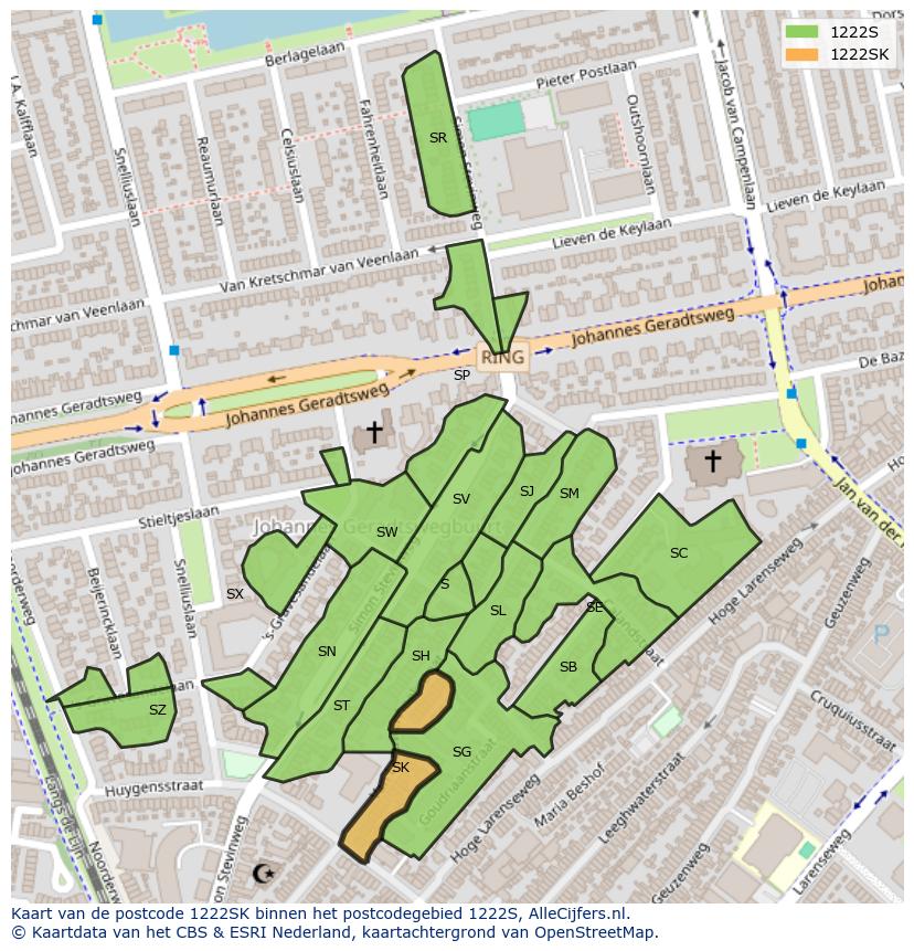 Afbeelding van het postcodegebied 1222 SK op de kaart.