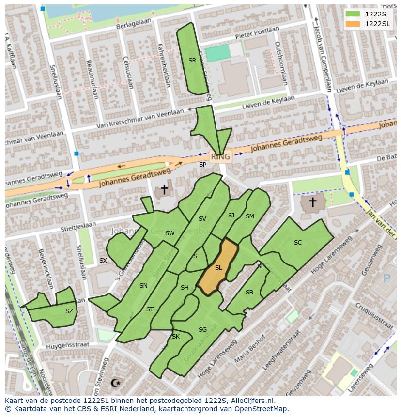 Afbeelding van het postcodegebied 1222 SL op de kaart.