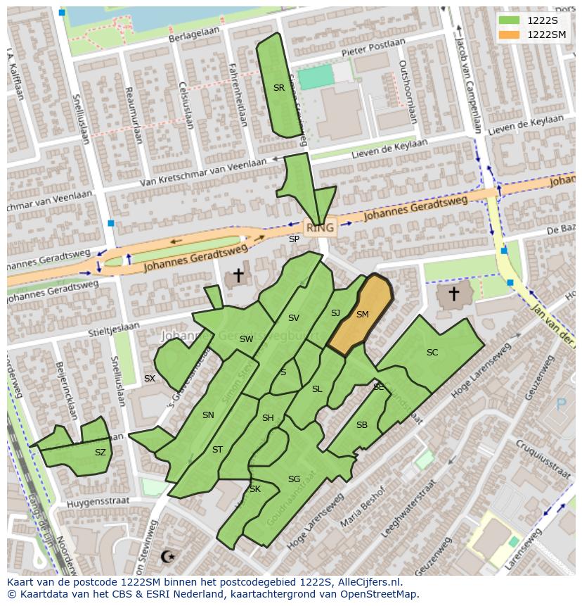 Afbeelding van het postcodegebied 1222 SM op de kaart.