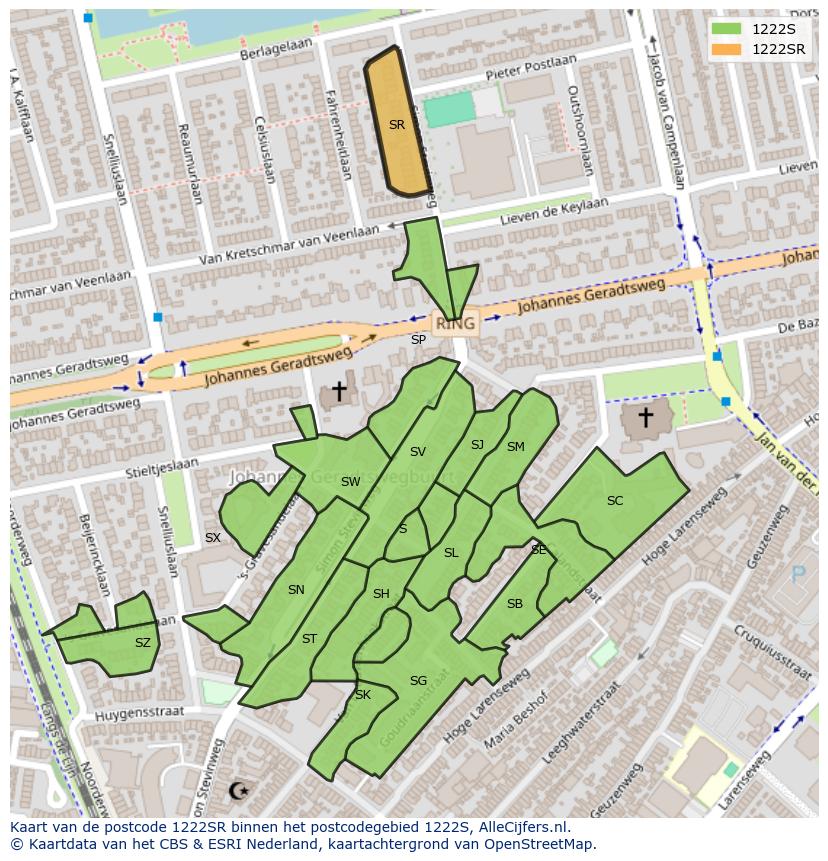 Afbeelding van het postcodegebied 1222 SR op de kaart.