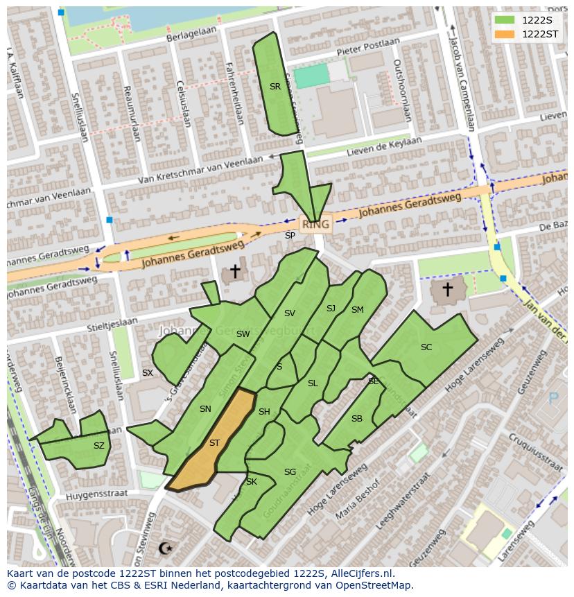 Afbeelding van het postcodegebied 1222 ST op de kaart.