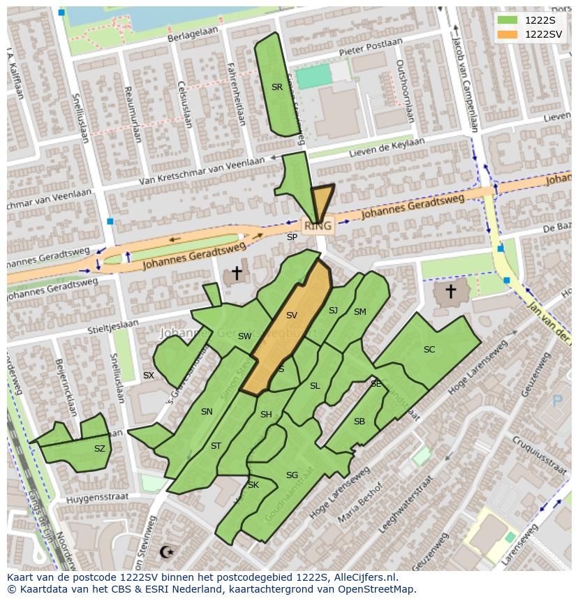 Afbeelding van het postcodegebied 1222 SV op de kaart.