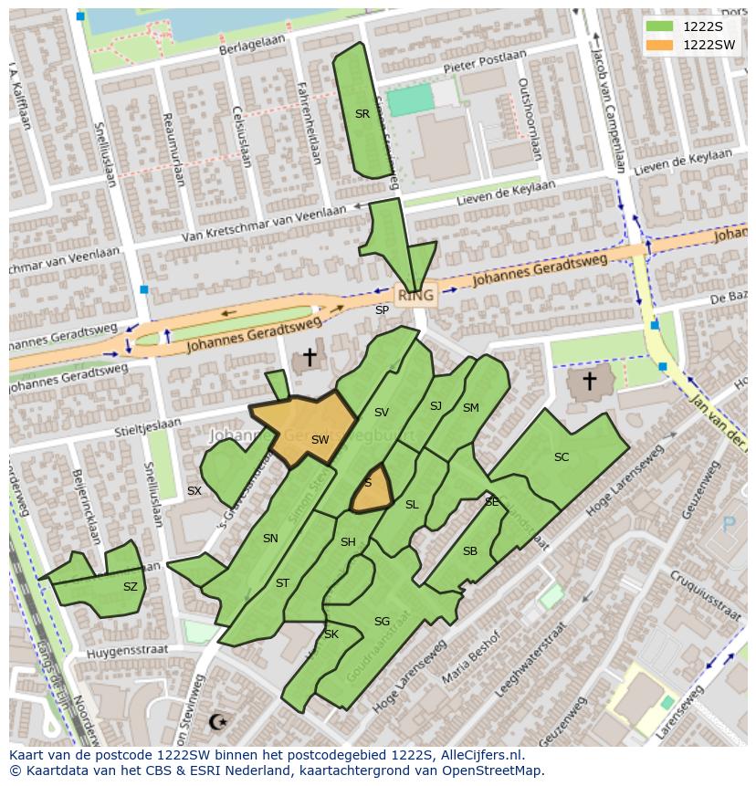Afbeelding van het postcodegebied 1222 SW op de kaart.