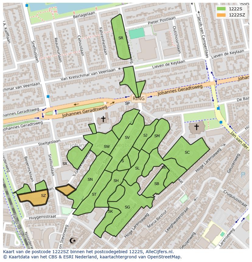Afbeelding van het postcodegebied 1222 SZ op de kaart.