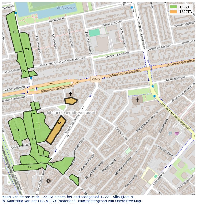 Afbeelding van het postcodegebied 1222 TA op de kaart.