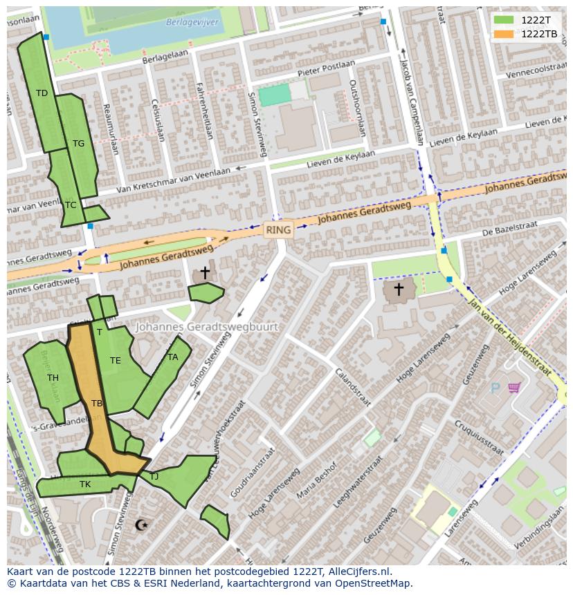 Afbeelding van het postcodegebied 1222 TB op de kaart.