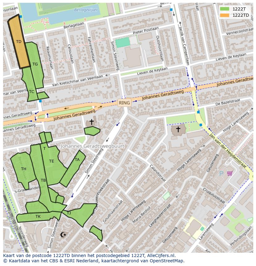 Afbeelding van het postcodegebied 1222 TD op de kaart.