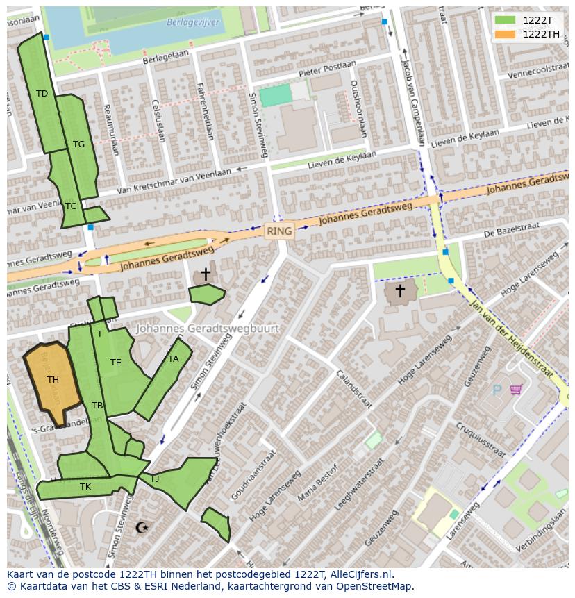 Afbeelding van het postcodegebied 1222 TH op de kaart.