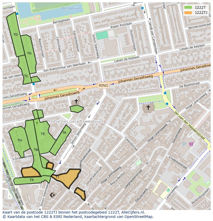 Afbeelding van het postcodegebied 1222 TJ op de kaart.