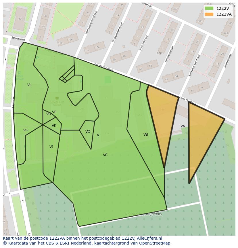 Afbeelding van het postcodegebied 1222 VA op de kaart.