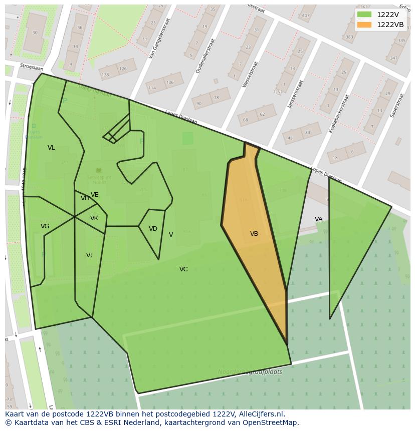 Afbeelding van het postcodegebied 1222 VB op de kaart.