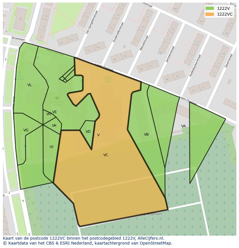 Afbeelding van het postcodegebied 1222 VC op de kaart.