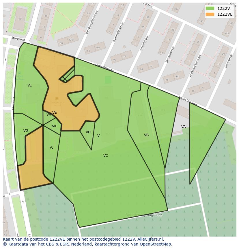 Afbeelding van het postcodegebied 1222 VE op de kaart.