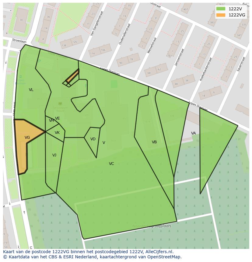 Afbeelding van het postcodegebied 1222 VG op de kaart.