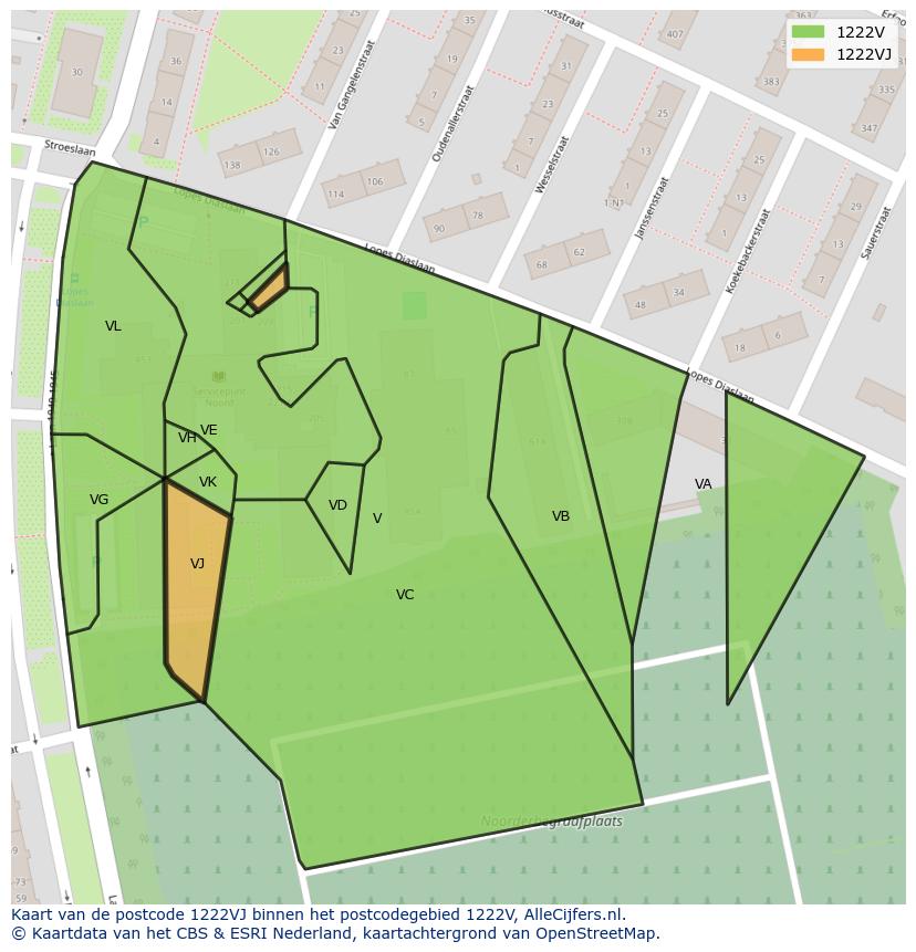 Afbeelding van het postcodegebied 1222 VJ op de kaart.