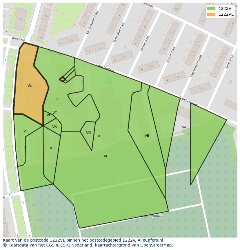 Afbeelding van het postcodegebied 1222 VL op de kaart.