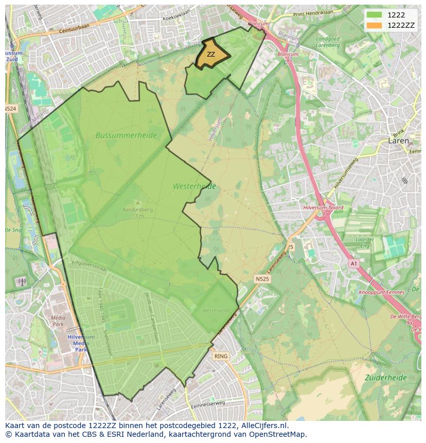 Afbeelding van het postcodegebied 1222 ZZ op de kaart.