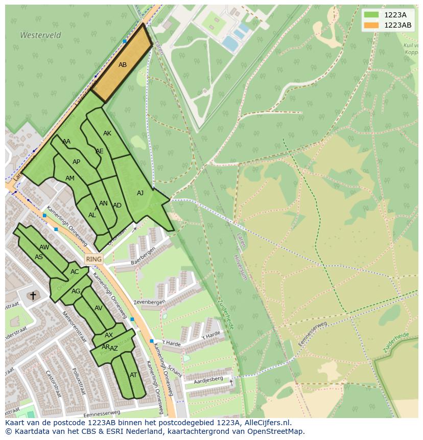 Afbeelding van het postcodegebied 1223 AB op de kaart.