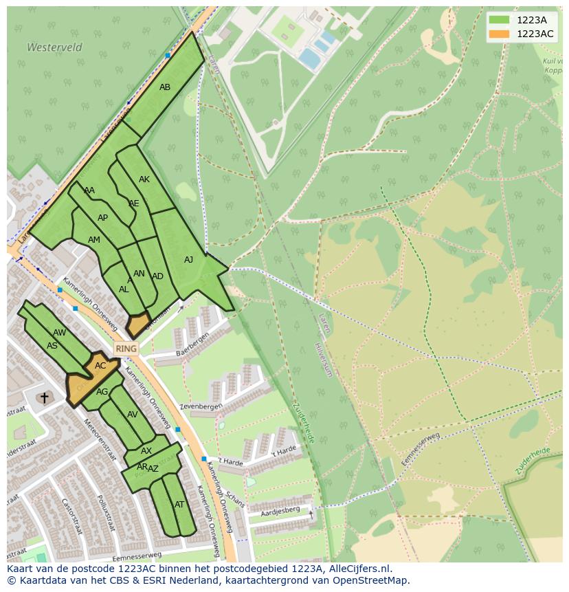 Afbeelding van het postcodegebied 1223 AC op de kaart.