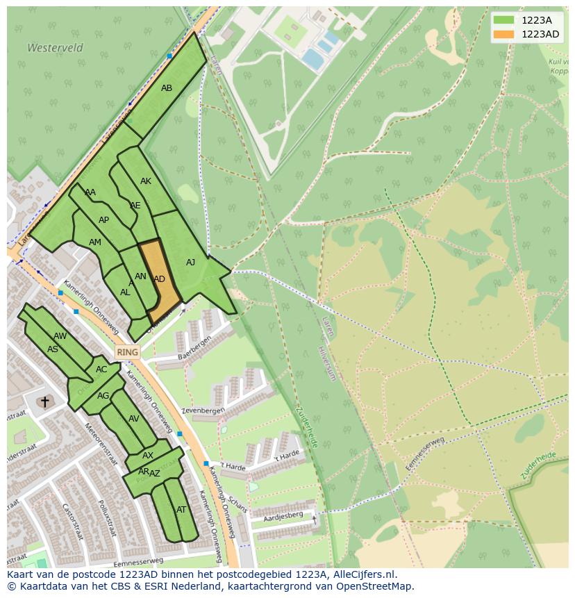 Afbeelding van het postcodegebied 1223 AD op de kaart.