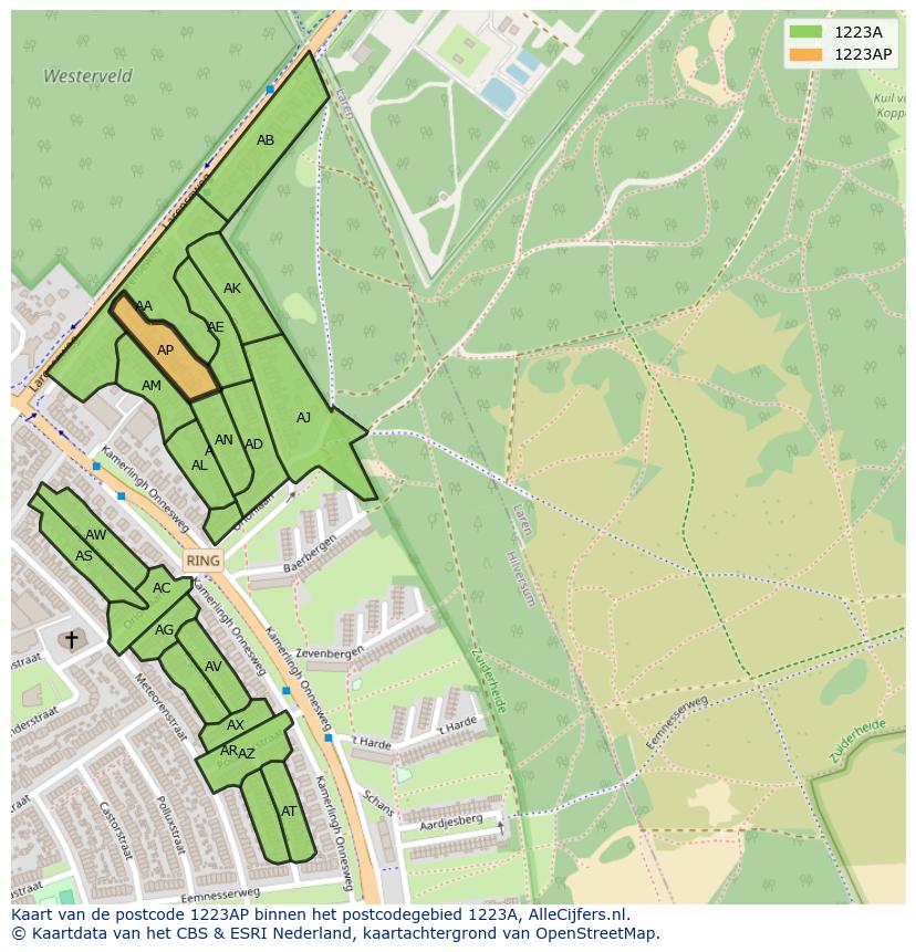 Afbeelding van het postcodegebied 1223 AP op de kaart.