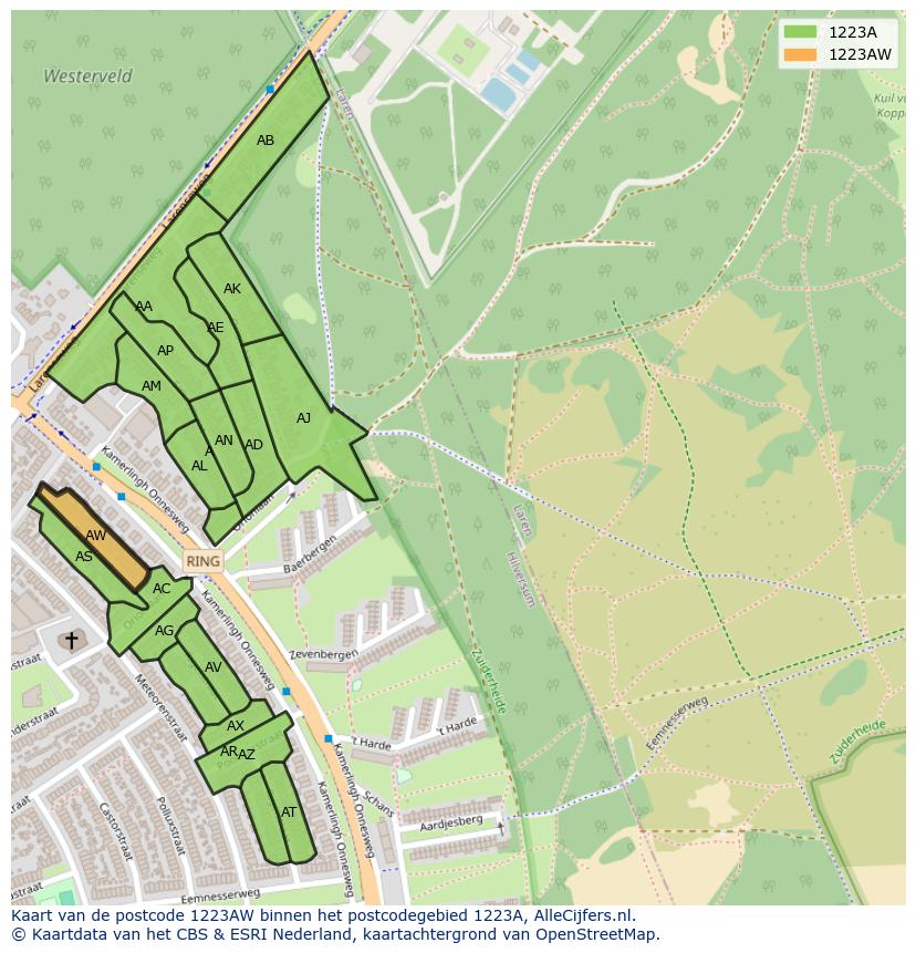 Afbeelding van het postcodegebied 1223 AW op de kaart.
