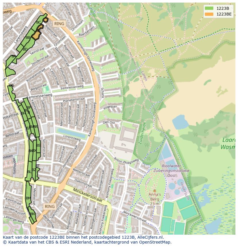 Afbeelding van het postcodegebied 1223 BE op de kaart.