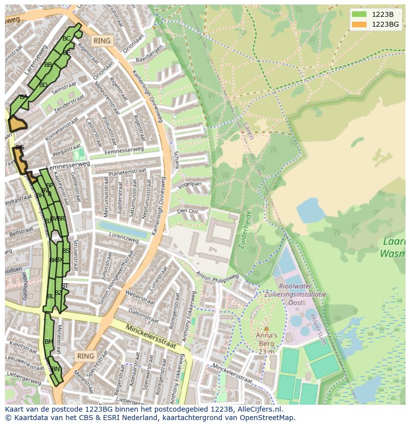 Afbeelding van het postcodegebied 1223 BG op de kaart.