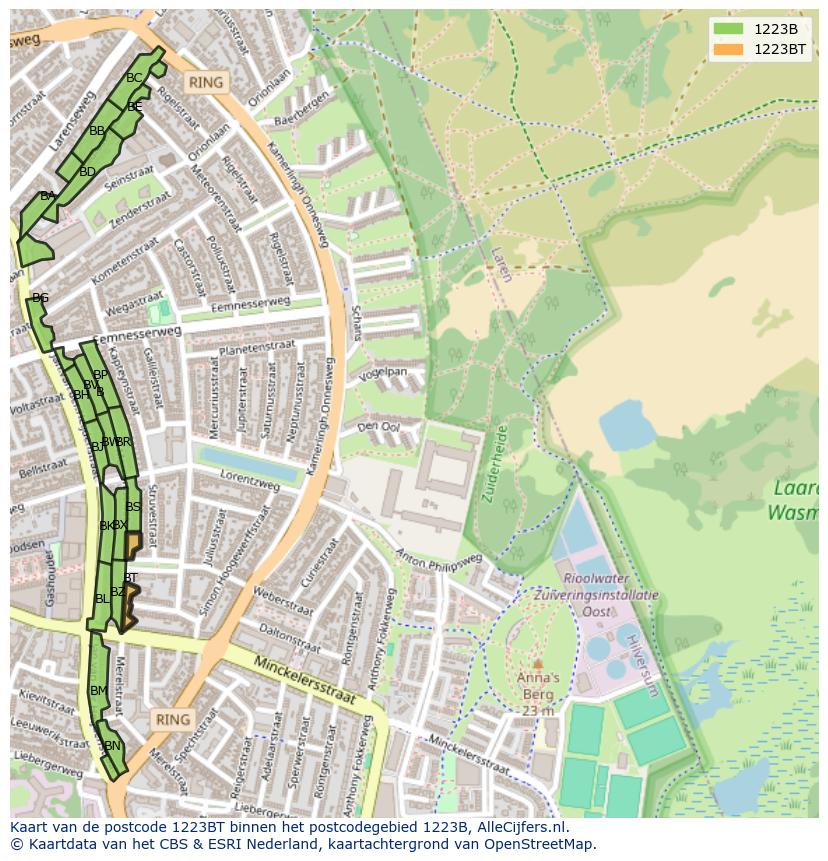 Afbeelding van het postcodegebied 1223 BT op de kaart.