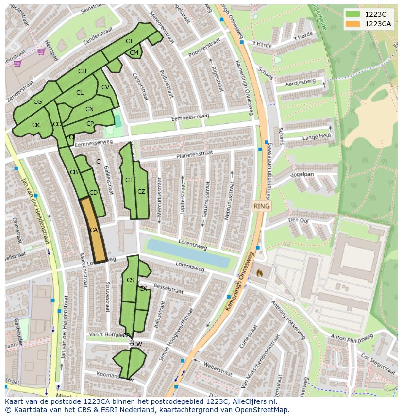 Afbeelding van het postcodegebied 1223 CA op de kaart.