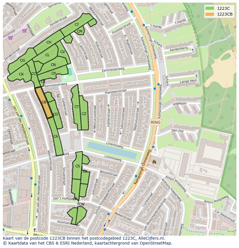 Afbeelding van het postcodegebied 1223 CB op de kaart.